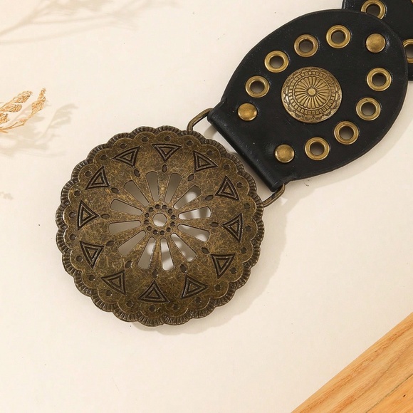 Boho Vegan Leather Grommet Statement Round Buckle Wide Belt - Picture 5 of 5